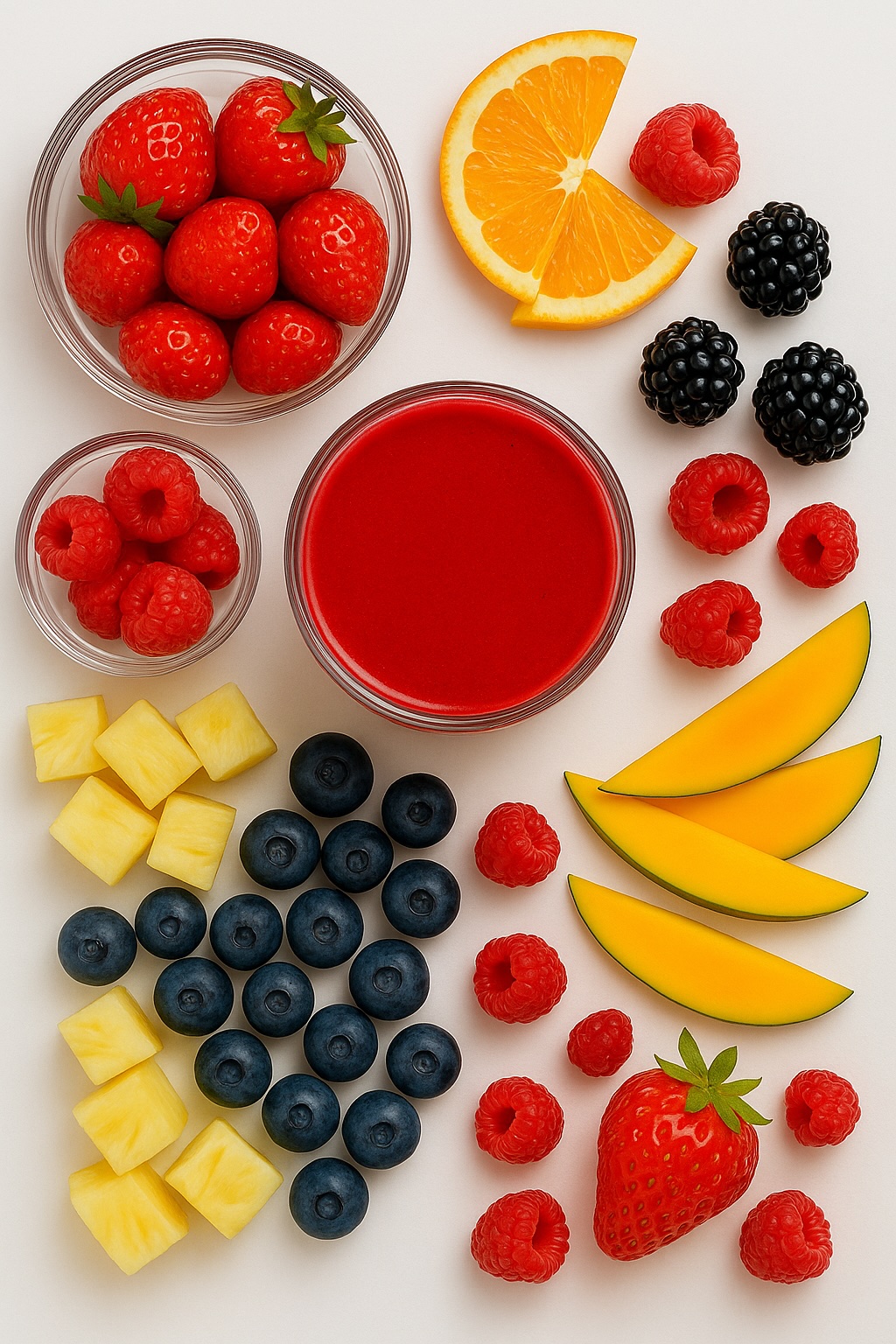 Des fruits colorés autour d’un smoothie aux fruits rouges