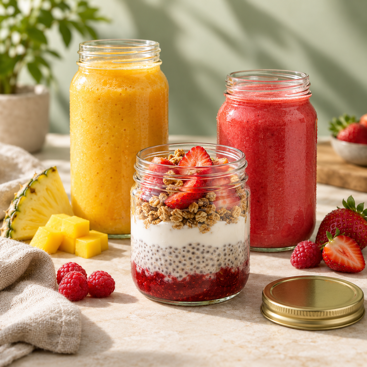 Deux smoothies fruités et un pot petit-déjeuner aux fraises, chia et granola